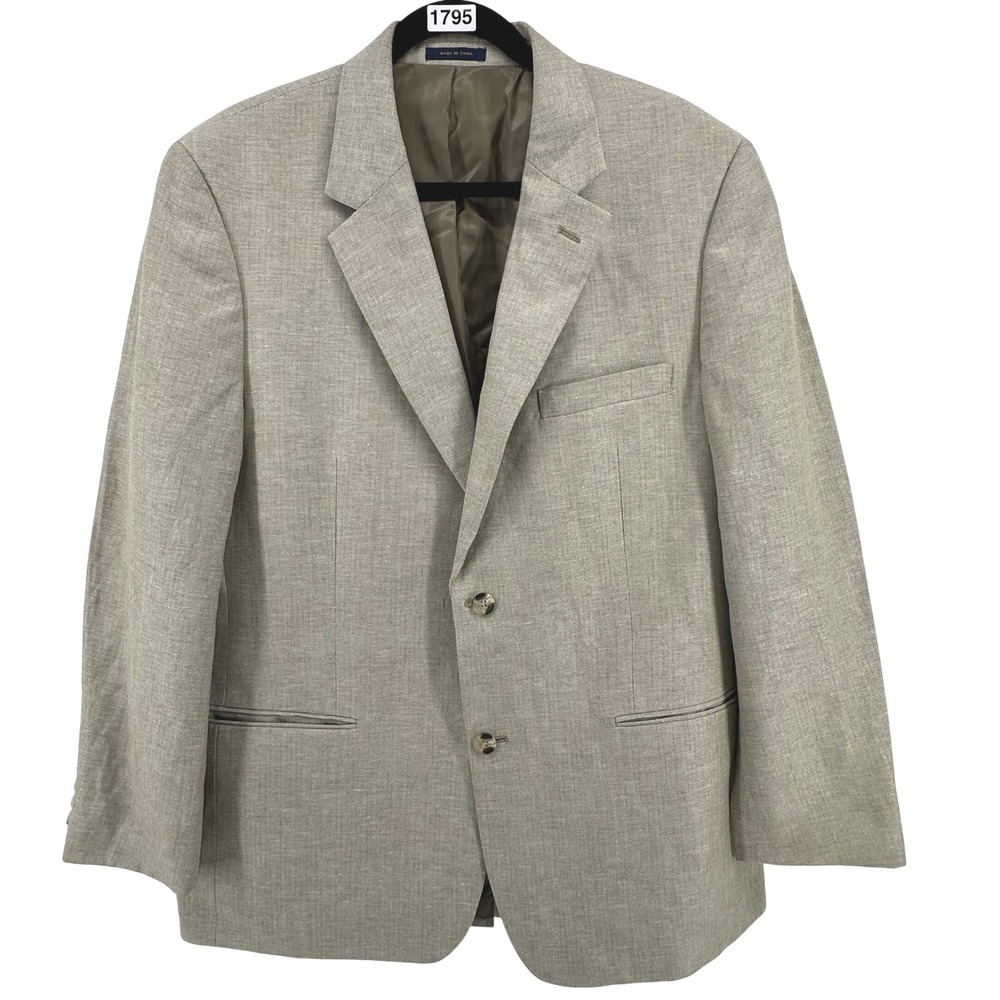 Club Room Blazer Mens 44R Tan Linen Blend Herringbone Sport Coat Preppy Coastal